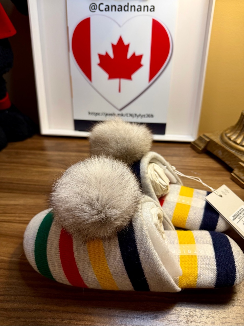 SO RARE! HBC Stripes Cashmere Blend with Fox Fur Women's Slippers Size 5-7 NWT